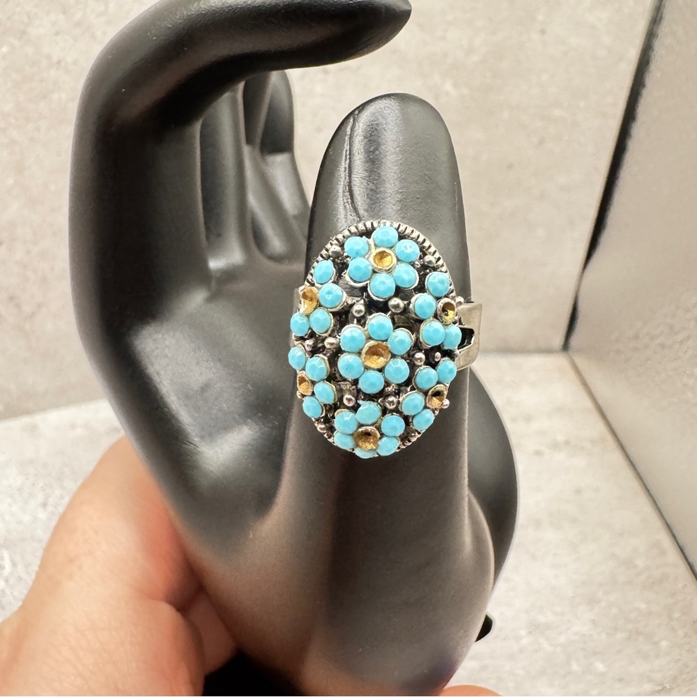 💙 Turquoise Cluster Statement Ring – Adjustable 5.5 to 6.5 – Silver Tone
